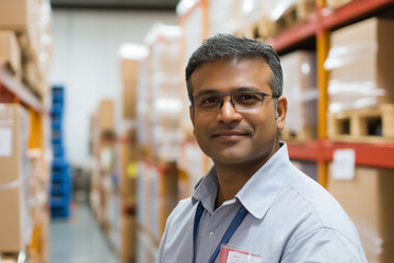 Obraz premium man wearing glasses and a blue shirt stands in a warehouse. He is smiling and he is happy