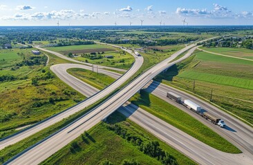 Aerial Highway Interchange Over Rural Landscape with Wind Turbines
