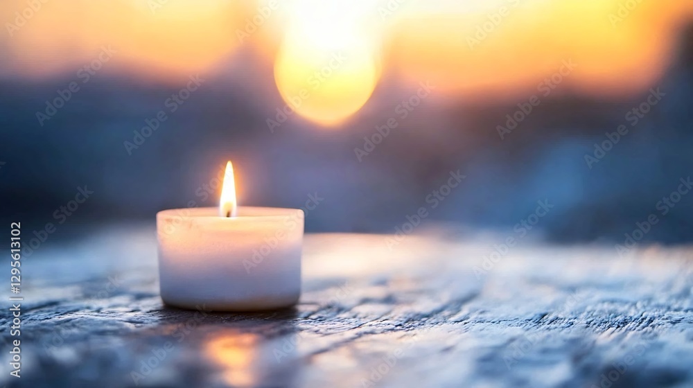 Poster softly glowing candle with warm light and blurred sunset background creating a peaceful ambiance : g
