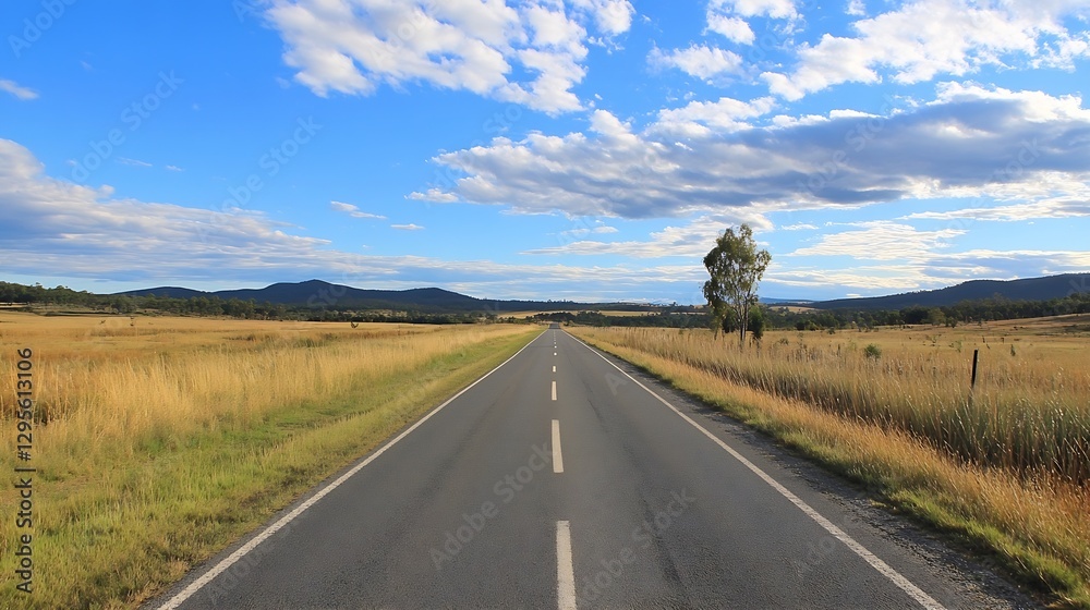 Poster serene open road stretching into distance surrounded by peaceful fields and blue skies : generative 