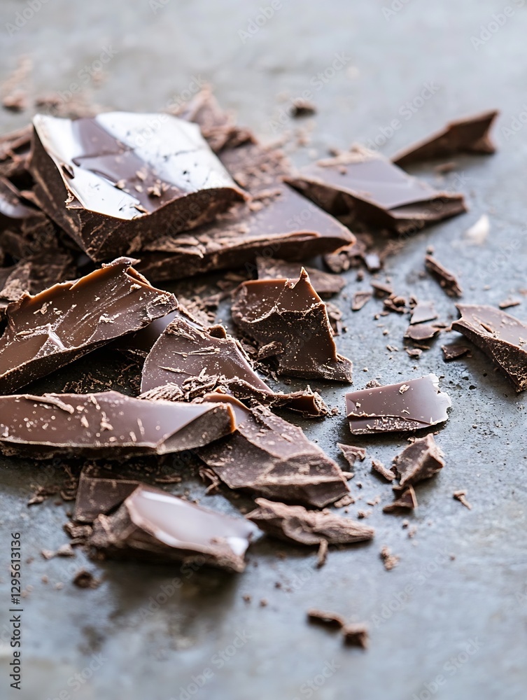 Poster beautifully arranged pieces of dark chocolate broken into shards on a rustic background for dessert 