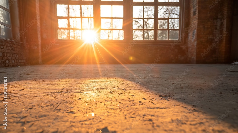 Poster Sunlight Streaming Through Large Windows in Spacious Room with Dusty Floor Creating Beautiful Glow : Generative AI