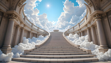 The grand staircase curves upwards and at the end is covered by the sky and clouds with an unlimited view. Ai generated image