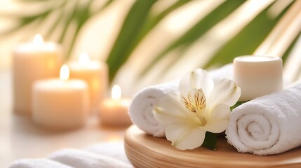 Spa setting with rolled towels white flower and candles for relaxation and wellness : Generative AI