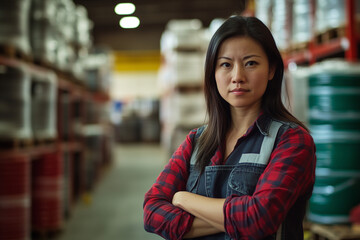  woman in a red and black plaid shirt stands in a warehouse. She is wearing a hard hat and a vest