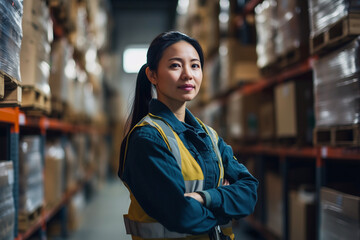 Fototapeta premium woman wearing a yellow vest stands in a warehouse. She is smiling and looking at the camera