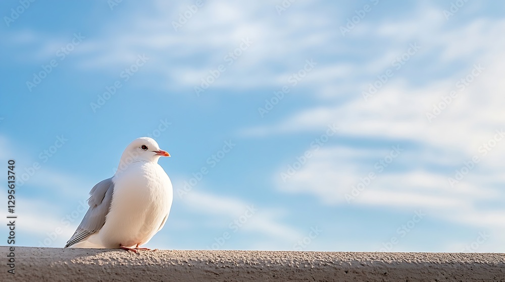 Poster Graceful white bird resting on a ledge with a bright blue sky and fluffy clouds in the background : Generative AI