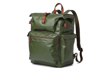 green backpack with brown straps on a white background