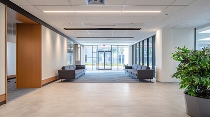 Obraz premium Modern Office Environment Highlighting Spacious Lobby with Comfortable Seating : Generative AI