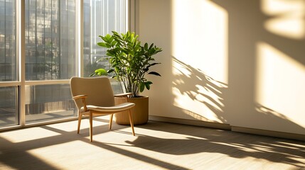 Fototapeta premium Bright and airy room featuring a cozy chair and vibrant indoor plants in sunlight : Generative AI