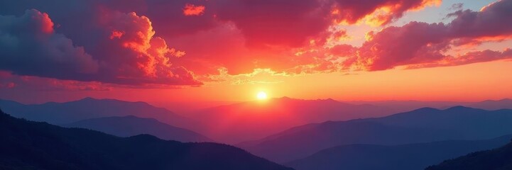 Obraz premium Crimson and gold sunset paints cloudscape, mountain peaks below , celestial, aerial, photography
