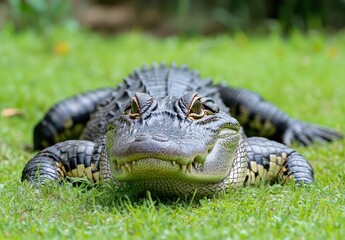 Fototapeta premium Close-Up View of a Large Alligator Lying on Green Grass in Peaceful Natural Habitat, Showcasing Its Intricate Scales and Expressive Eyes