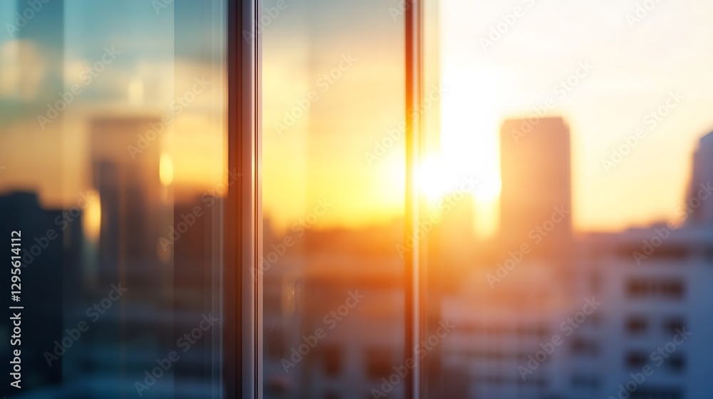 Poster captivating sunset reflection on glass buildings creating a warm urban atmosphere : generative ai