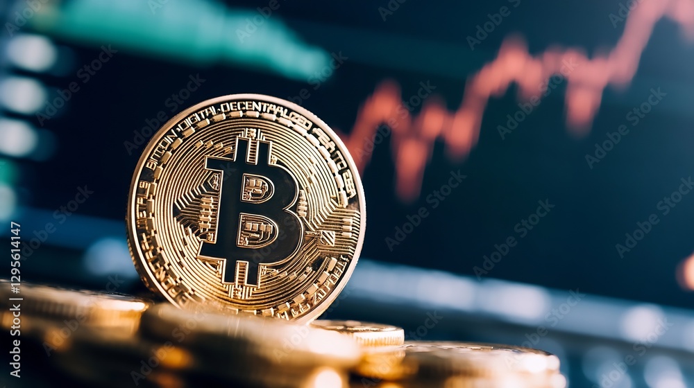Aufkleber gold bitcoin coin stacked with financial chart depicting cryptocurrency trading : generative ai