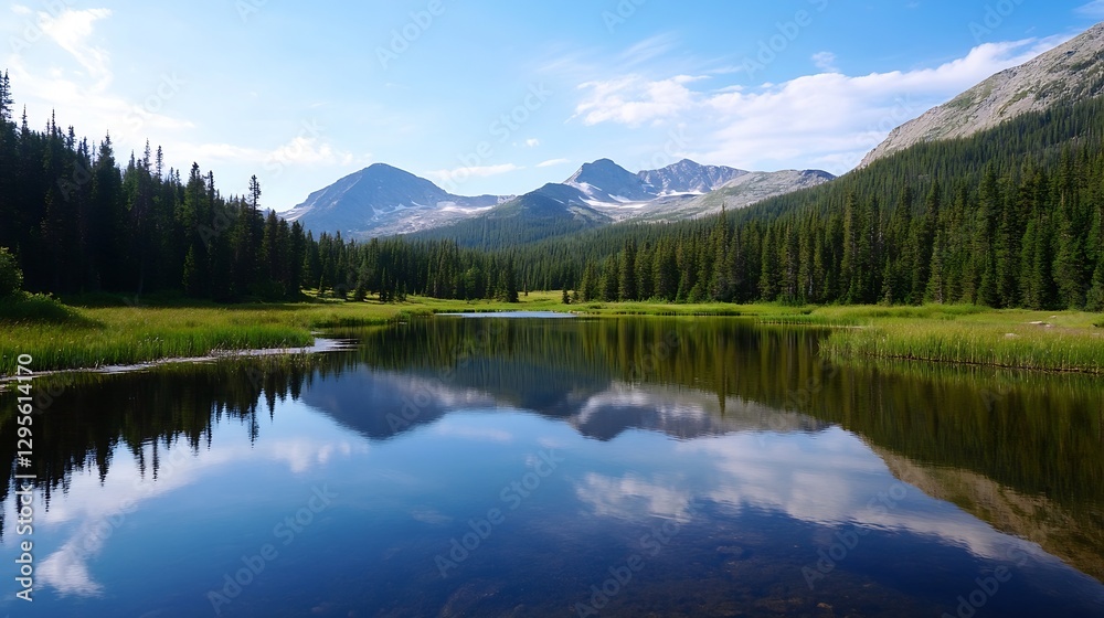 Poster picturesque mountain scenery reflecting in a pristine lake surrounded by lush forest greenery : gene