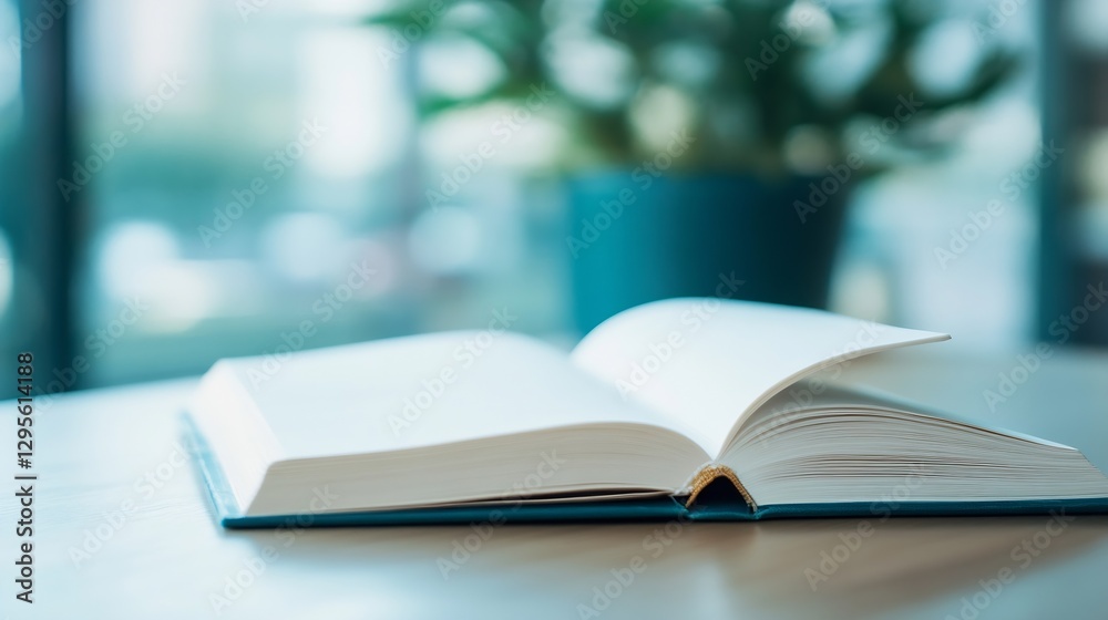 Poster Open book resting on a table with a soft focus background creating a peaceful atmosphere : Generative AI