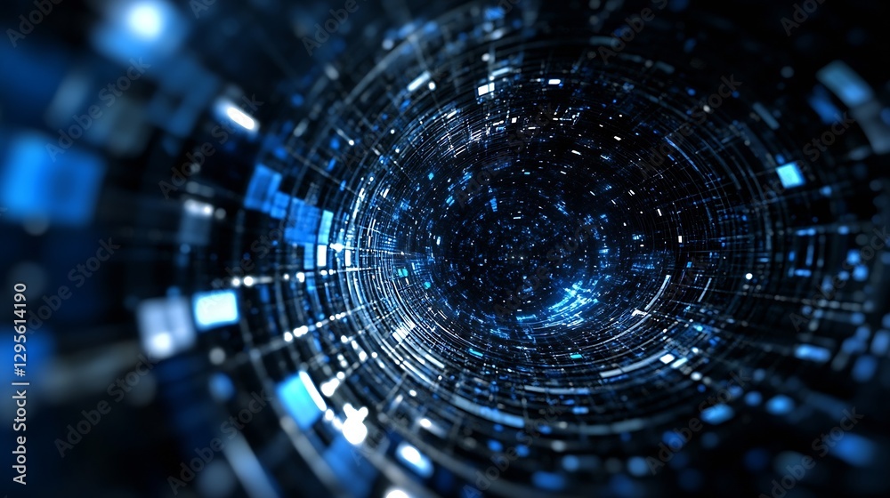 Poster Futuristic abstract swirling light tunnel with digital data streams and particles : Generative AI