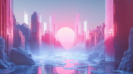 Abstract digital landscape with pixelated elements, symbolizing virtual reality and digital transformation, perfect for tech and gaming visuals. Illustration, Image, , Minimalism,