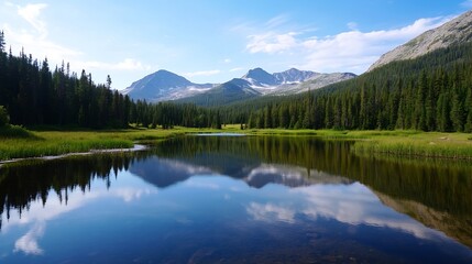 Picturesque mountain scenery reflecting in a pristine lake surrounded by lush forest greenery : Generative AI