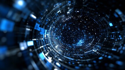 Futuristic abstract swirling light tunnel with digital data streams and particles : Generative AI