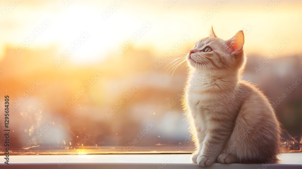 Poster cute playful kitten sitting by the window looking at the sunset with soft golden light : generative 