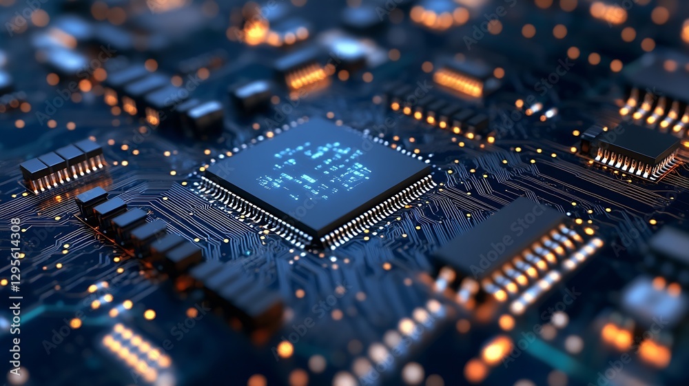 Aufkleber Detailed View of a Computer Microchip with Glowing Circuitry : Generative AI
