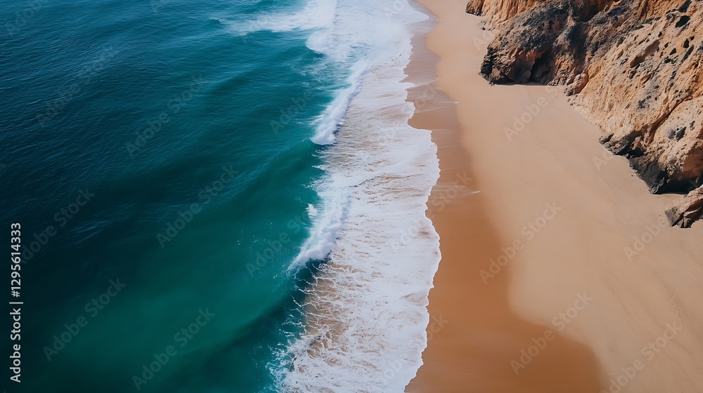 Poster stunning aerial view of a serene beach with waves gently crashing on golden sand : generative ai