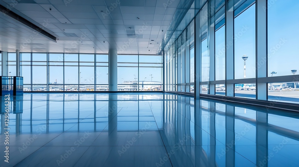 Poster bright and spacious airport terminal with large windows and blue sky view : generative ai