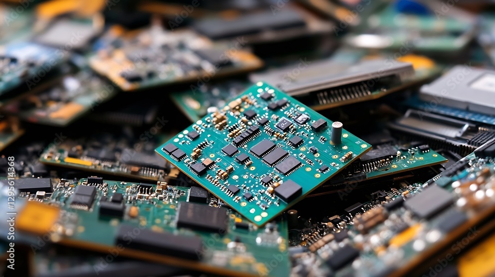Poster Close-up of electronic circuit boards showcasing technology and components in a cluttered environment : Generative AI