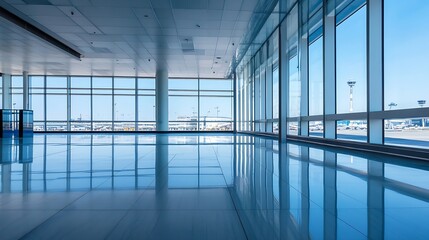 Fototapeta premium Bright and Spacious Airport Terminal with Large Windows and Blue Sky View : Generative AI