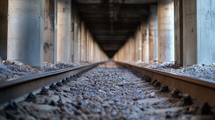 Perspective view of railway tracks leading into an industrial tunnel with concrete pillars and gravel : Generative AI