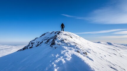 Adventurous hiker standing on top of a snowy mountain peak against a bright blue sky for inspiring exploration : Generative AI