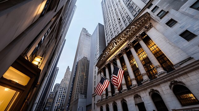 Historic financial building with American flags set against a backdrop of tall skyscrapers : Generative AI