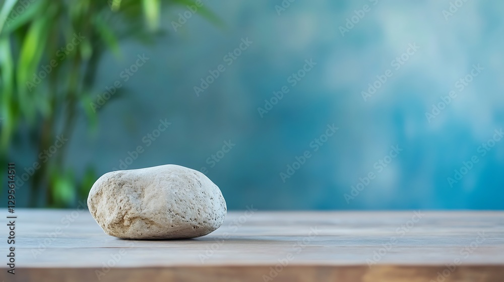 Poster single smooth stone on a wooden surface against a soft blue background : generative ai