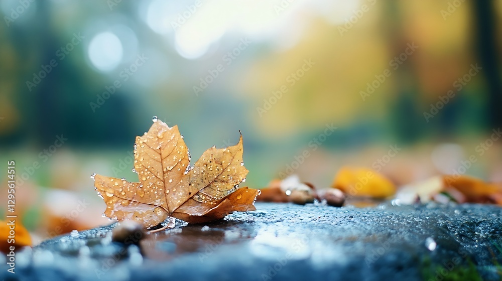 Poster a single wet maple leaf resting on a stone after rain showcasing rich autumn colors : generative ai