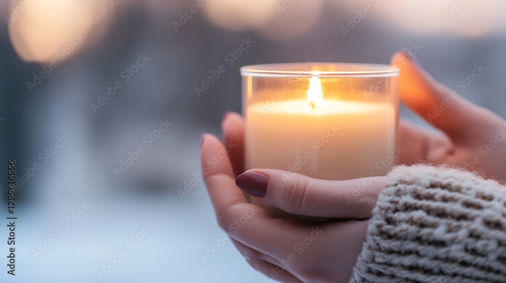 Aufkleber Elegant hands holding a lit candle in a winter setting with soft sunlight creating a serene mood : Generative AI
