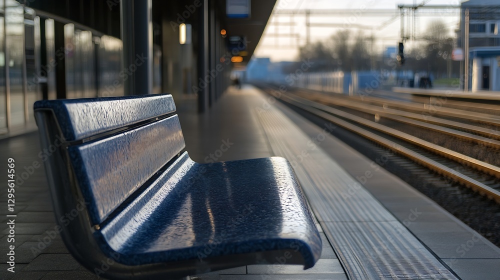 Aufkleber modern train station platform with blue bench and rails at sunset offering a calm atmosphere : gener