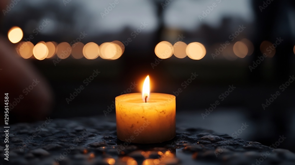 Poster warm glowing candle on a stone surface with blurred lights at sunset creating a serene ambiance : ge