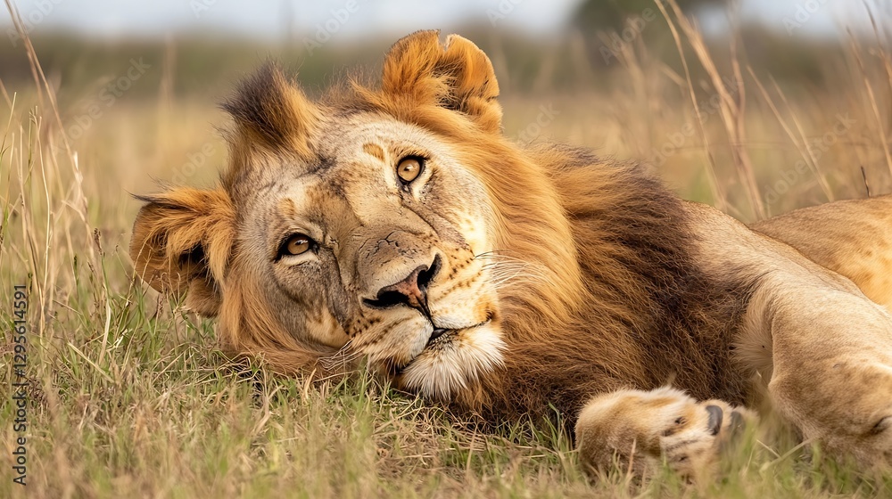 Poster powerful lion resting majestically on the savannah grass with a captivating gaze : generative ai