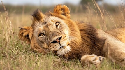 Obraz premium Powerful lion resting majestically on the savannah grass with a captivating gaze : Generative AI