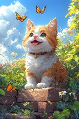 Fototapeta premium A cat sitting on top of a stone wall surrounded by flowers and butterflies