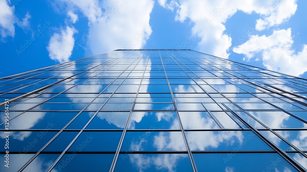 Poster reflections of clouds in a tall glass building under a bright blue sky creating a stunning visual : 