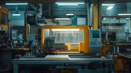 Modern industrial machine in factory setting. Illustrates automated manufacturing and high-tech production.