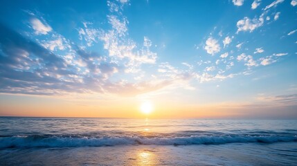 Stunning sunrise over the ocean with colorful clouds reflecting on the water : Generative AI