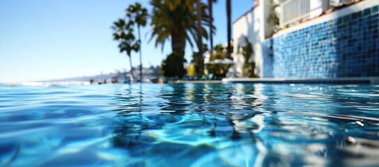 Reflective Pool Water with Palm Trees and a Building Background