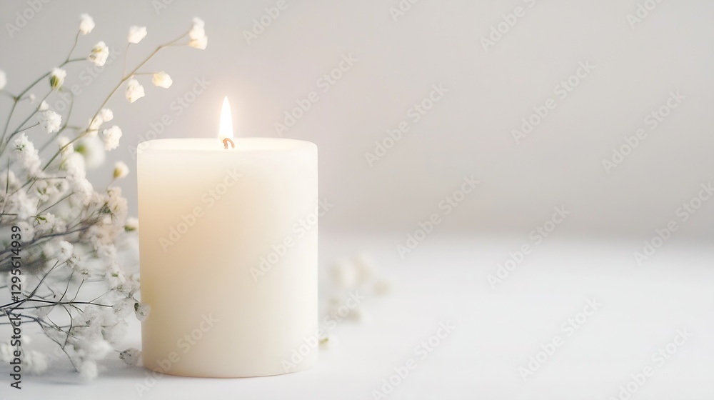 Poster serene white candle glowing softly next to delicate flowers on a minimalistic background : generativ