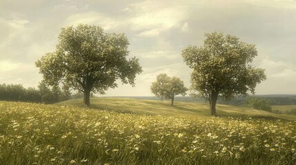 Fototapeta premium Serene Meadow Landscape with Blooming Flowers and Trees