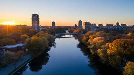 Obraz premium Colorful autumn skyline by the riverside at sunset capturing city beauty and nature : Generative AI