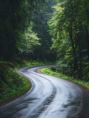 Fototapeta premium Winding Road Through Lush Green Forest Surrounded by Dense Trees and Tranquil Nature : Generative AI