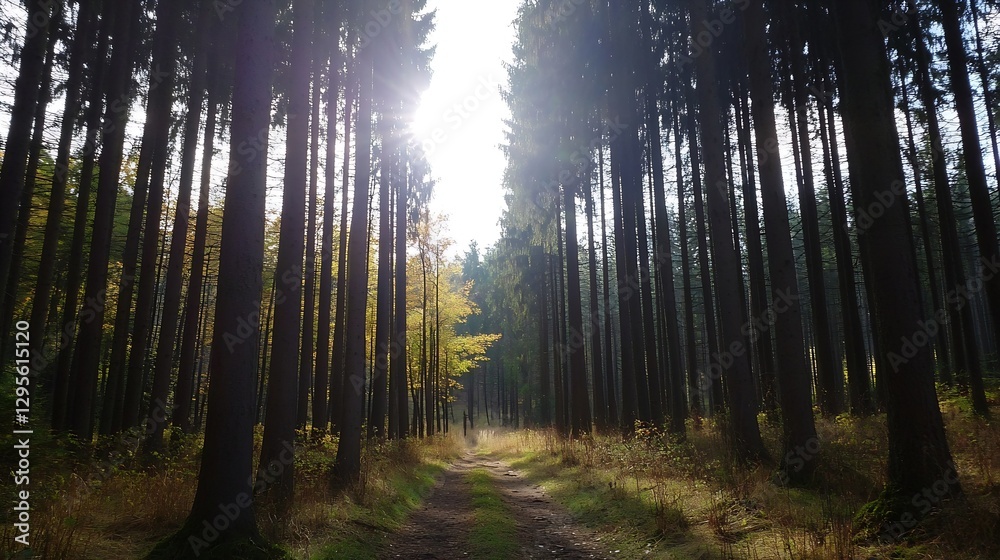 Poster Sunlight Filters Through Tall Trees in a Peaceful Forest Path Surrounded by Vibrant Autumn Colors : Generative AI